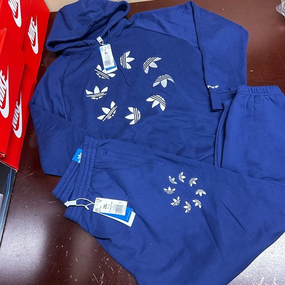 Adidas Mens Blue Shattered Trefoil Long Sleeve Hoodie & Pant Sweat Tracksuit